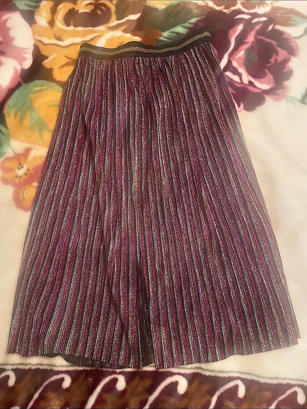 Topshop Metallic Plisse Striped Midi Skirt Purple & Black US 8